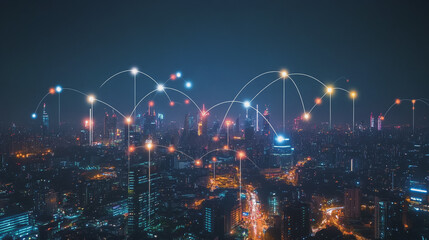 Obraz premium Smart digital Innovation city with connection network reciprocity over the cityscape. of future smart wireless digital city and social media networking systems that connects people with in city