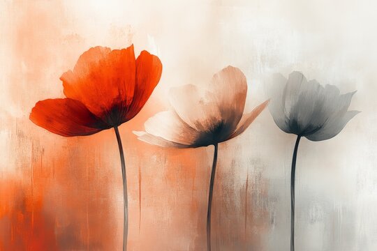 A captivating abstract painting featuring three flowers in hues of red, white, and gray, each brushstroke artistically conveying a sense of movement and emotion.