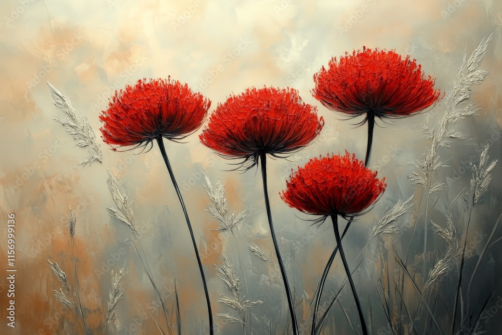Poster Four elegant red dandelions stand tall against a soft, textured backdrop, embodying grace and simplicity while adding a touch of modern aesthetic flair.