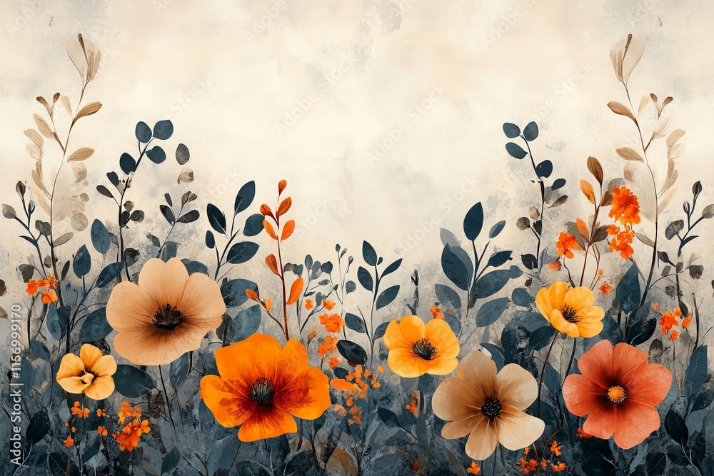 Poster a stylized field of vibrant orange flowers and contrasting blue foliage creates a striking compositi