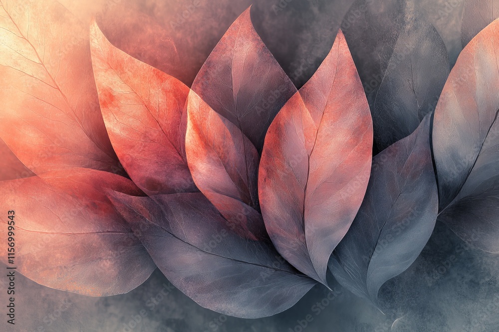 Aufkleber A series of abstract red and blue leaves gracefully overlap against a smooth gradient background, symbolizing unity and the harmonious blend of differing elements.