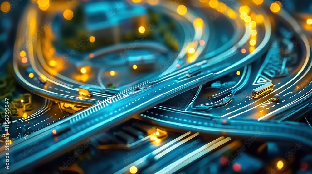 Poster aerial view of complex highway interchange at night, illuminated with glowing lights, showcasing int
