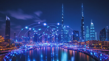Smart digital Innovation city with connection network reciprocity over the cityscape. of future smart wireless digital city and social media networking systems that connects people with in city