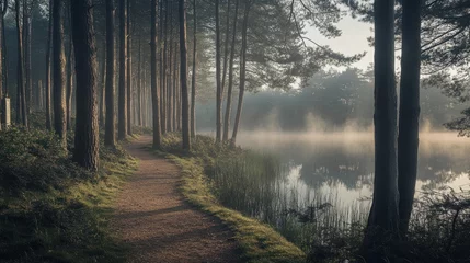 Misty morning path alongside tranquil lake in pine forest.