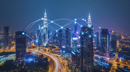 Fototapeta premium Abstract business man stands on the peak of success amid tall, innovative Smart city and graphs with statistics to analyze business potential and predict future developments in company growth.