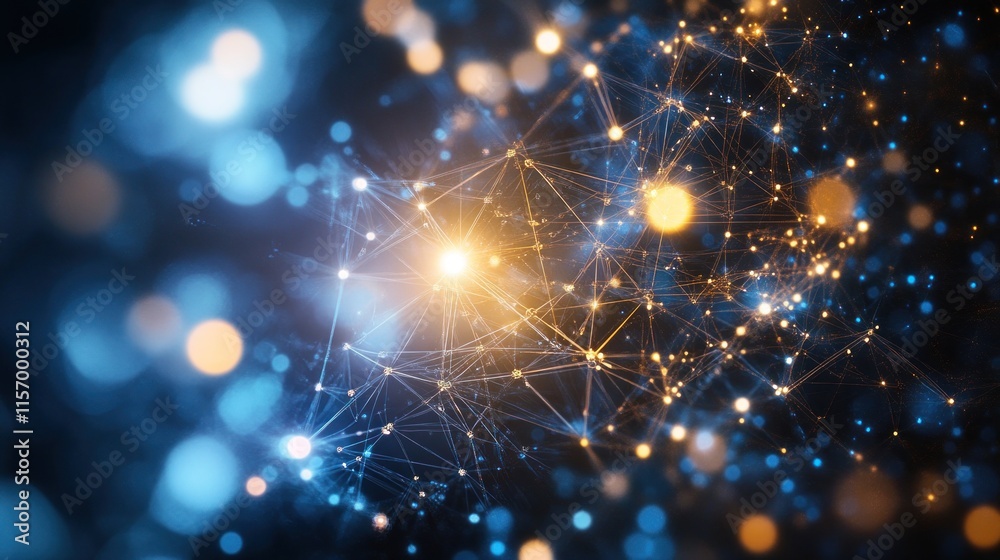 Poster abstract network connection glowing with blue and gold lights in dark background.