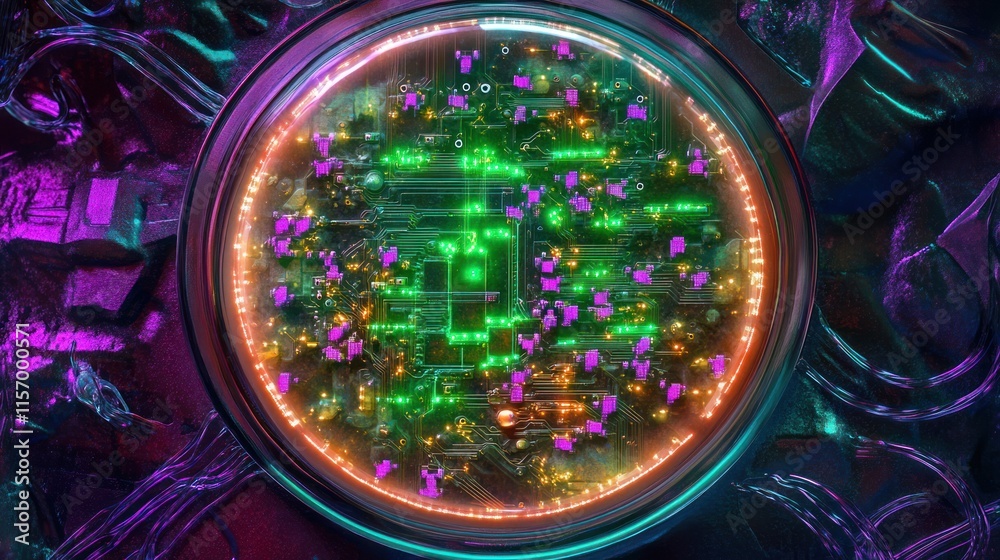 Poster futuristic glowing circuit board inside a circular frame.