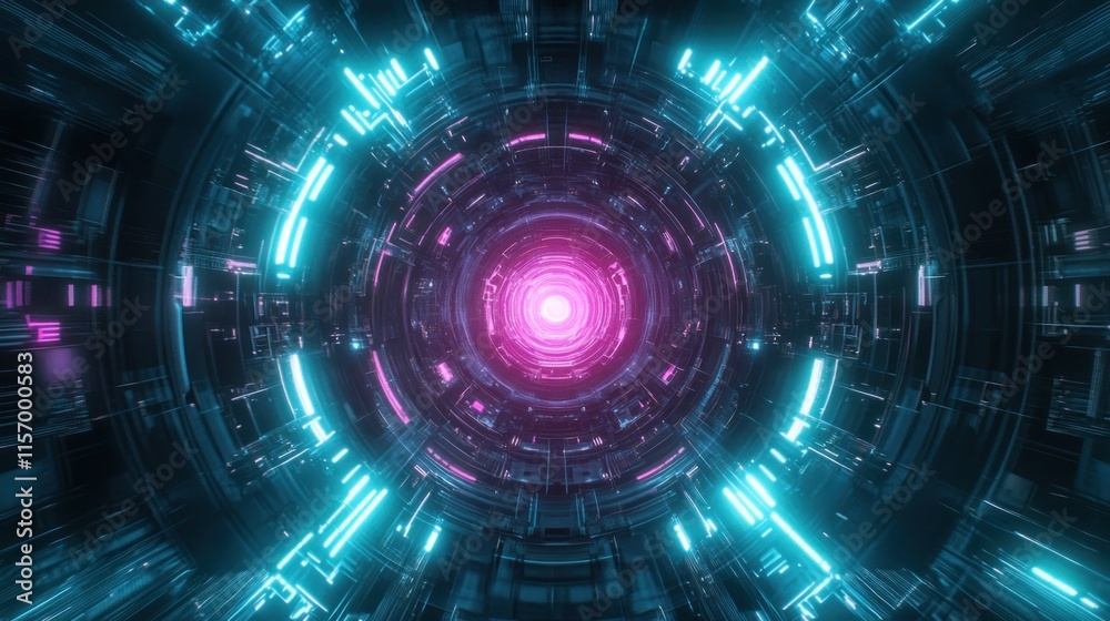 Aufkleber Futuristic neon tunnel with glowing lights and circular patterns.