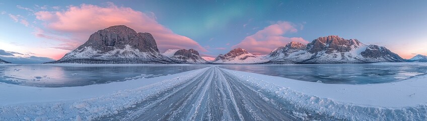 Fototapeta premium Twilight in the Arctic: Frozen Landscapes Beneath the Dancing Aurora