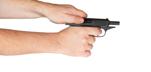 Male hand reloading and twitching the bolt of black pistol gun isolated on white background.