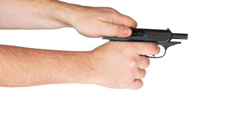 Male hand reloading and twitching the bolt of black pistol gun isolated on white background.