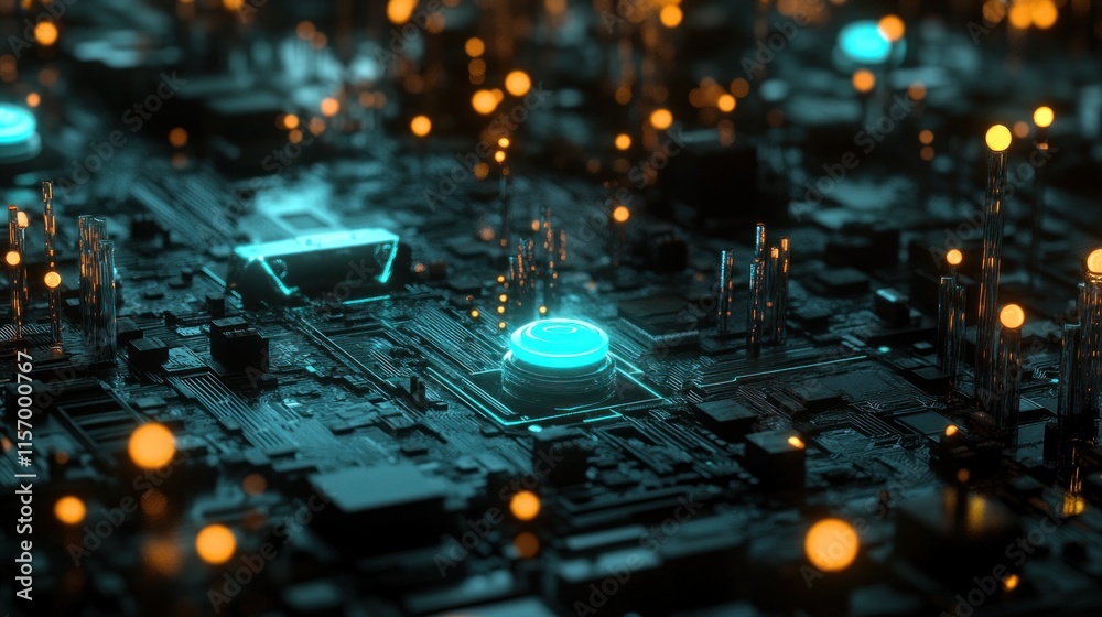 Poster futuristic circuit board with glowing teal and orange elements.