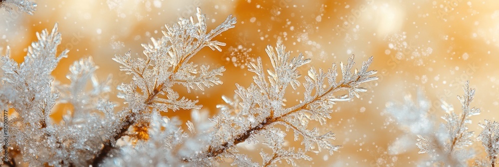 Aufkleber frosty winter leaves on branches with blurred bokeh background.