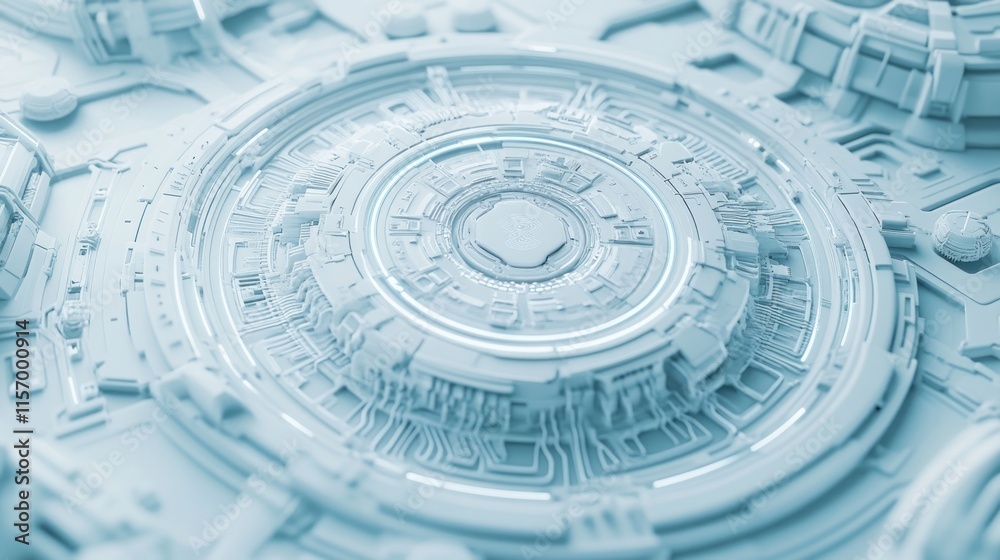 Poster Abstract futuristic technology design with circular central core and intricate details in light blue.
