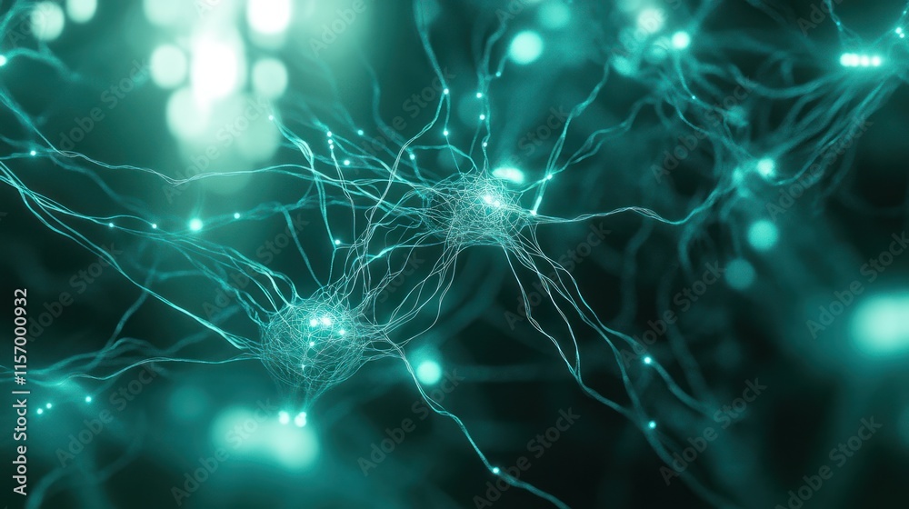 Poster microscopic view of interconnected neurons, glowing teal, abstract background.