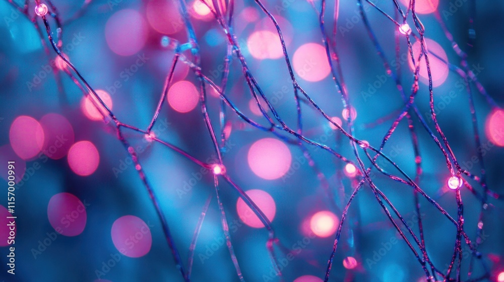 Poster Abstract pink and blue bokeh lights with intricate web-like structure.