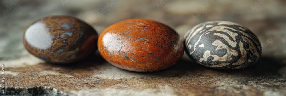 Poster Three smooth, polished stones with unique patterns and colors rest on a textured surface.