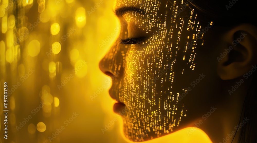 Poster Woman's face profile with glowing digital code overlay against a bokeh background.