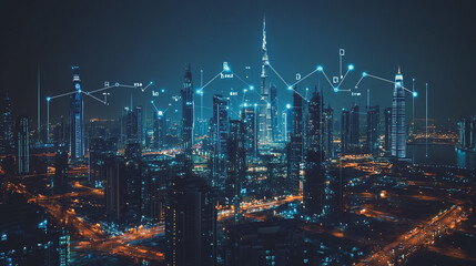 Fototapeta premium Smart digital Innovation city with connection network reciprocity over the cityscape. of future smart wireless digital city and social media networking systems that connects people with in city