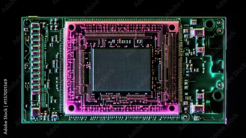 Aufkleber Close-up of a computer processor chip on a circuit board, showcasing intricate details and vibrant colors.