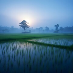 Misty sunrise over rice paddy, reflection in water
