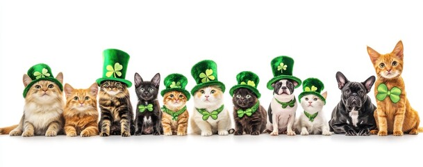 Obraz premium Group of Adorable Cats Wearing Green Hats and Bowties for St. Patrick's Day Celebration with Festive Decorations and Playful Expressions