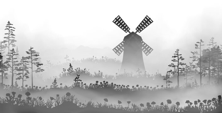 Rural summer landscape with windmill inside the fog. Vector silhouette illustration. Early hazy morning.
