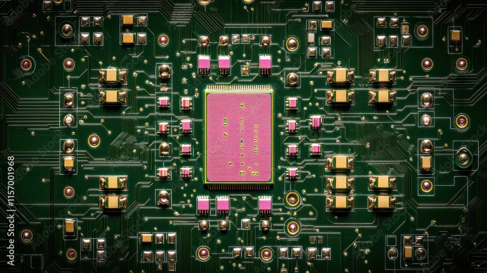 Fototapete close-up of a circuit board with a central processor chip.