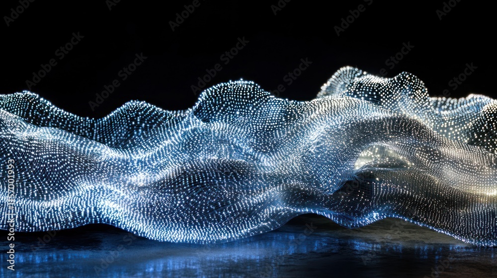 Poster abstract glowing wave of light particles on dark background.