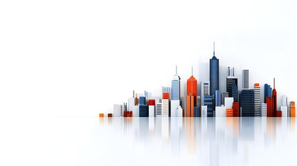 A vibrant city skyline illustration showcasing colorful buildings with a sleek reflection on a pristine white background, ideal for modern design projects.