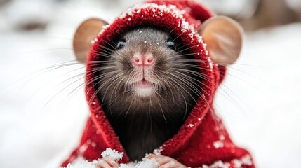 Cute rat in red hood enjoying snowy winter wonderland. Merry Christmas. Happy New Year