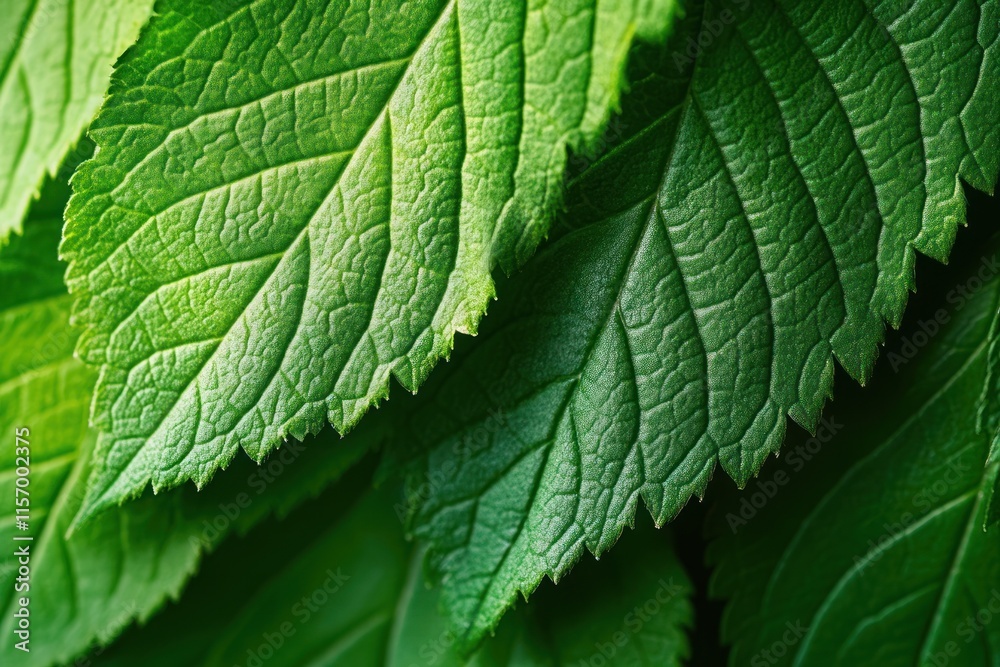 Poster close-up of vibrant green leaves with detailed texture and vein patterns.