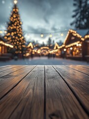 Fototapeta premium Rustic wooden table at festive christmas market with glowing lights. Merry Christmas. Happy New Year