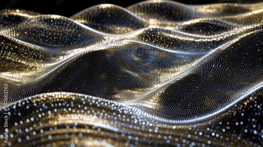 Poster Abstract gold and silver wave pattern with glowing particles.