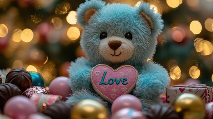 Fototapeta premium Cute blue teddy bear holding heart in festive setting with chocolates and ornaments. The 14th of February. Happy Valentine's Day