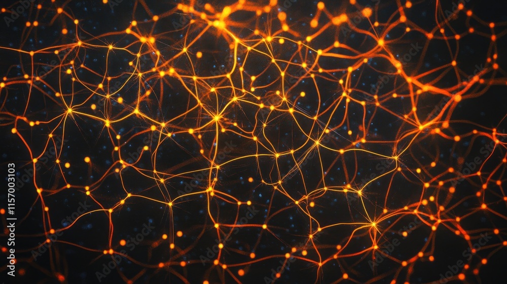 Poster Abstract network, glowing orange nodes and lines on dark background.