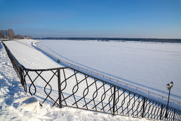 A frosty winter day on the Volga embankment. Myshkin, Yaroslavl region, Russia