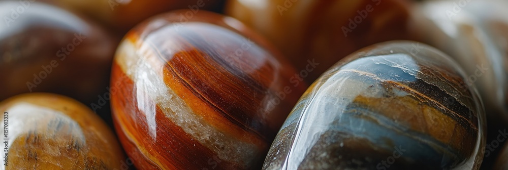 Poster close-up of smooth, polished, multicolored stones with swirling patterns.