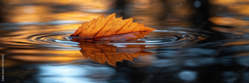Poster A single autumn leaf floats on calm water, creating ripples and reflecting in the surface.