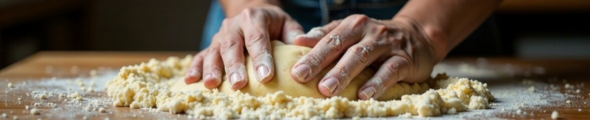 Flour-covered hands knead dough in circular motion , baking, flour