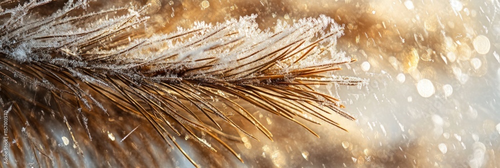 Aufkleber Close-up of a frost-covered pine branch with a blurred bokeh background.