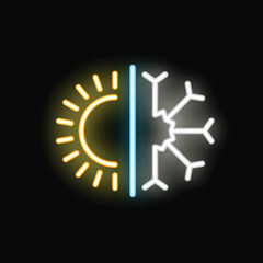 Neon sign with a sun in yellow and a snowflake in white separated by a blue line, representing the contrast between summer and winter