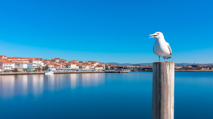 A dynamic close-up of a seagull with its beak wide open mid-call. Copy space.