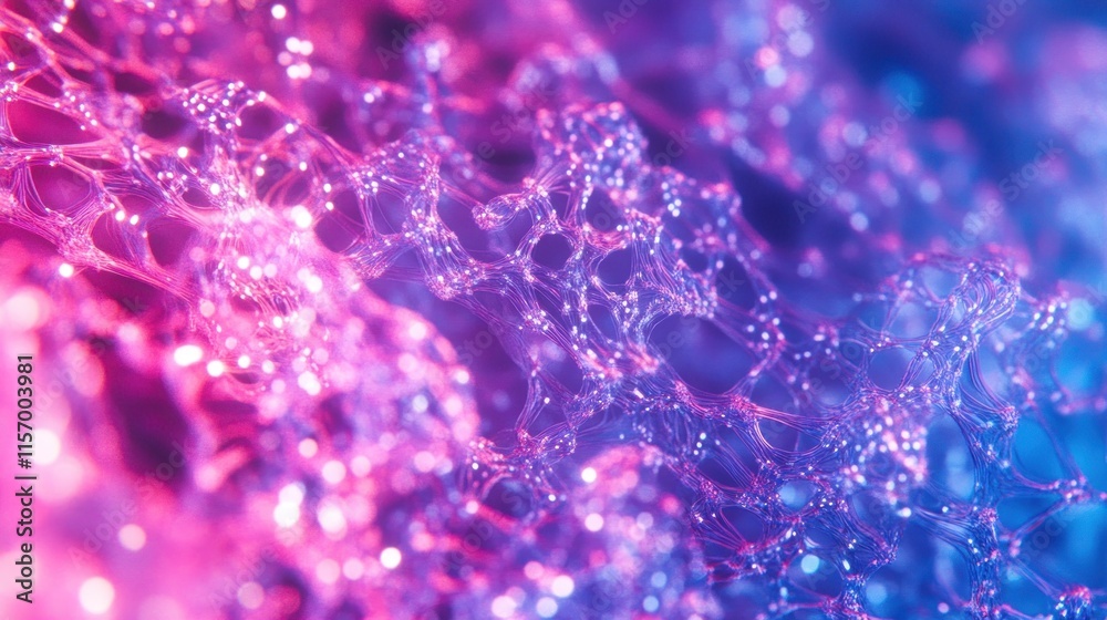 Poster abstract pink and blue glowing network structure.