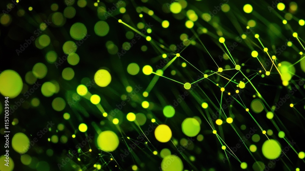 Poster Abstract green glowing lines and particles on dark background.