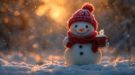 Obraz premium Snowman with red scarf and hat holding cup in winter sunset. Merry Christmas. Happy New Year