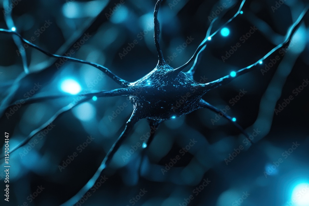 Poster Microscopic view of a neuron with glowing synapses. (1)