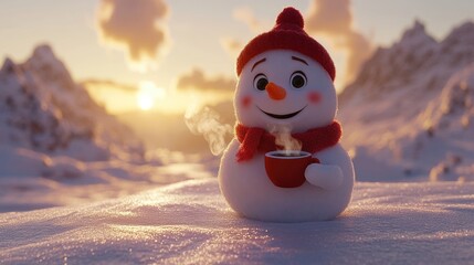 Obraz premium Smiling snowman with red hat enjoying hot chocolate in winter sunset. Merry Christmas. Happy New Year