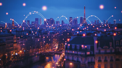 Obraz premium Smart digital Innovation city with connection network reciprocity over the cityscape. of future smart wireless digital city and social media networking systems that connects people with in city