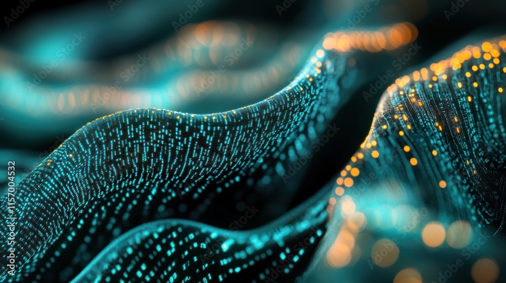 Poster abstract teal and orange digital wave pattern.